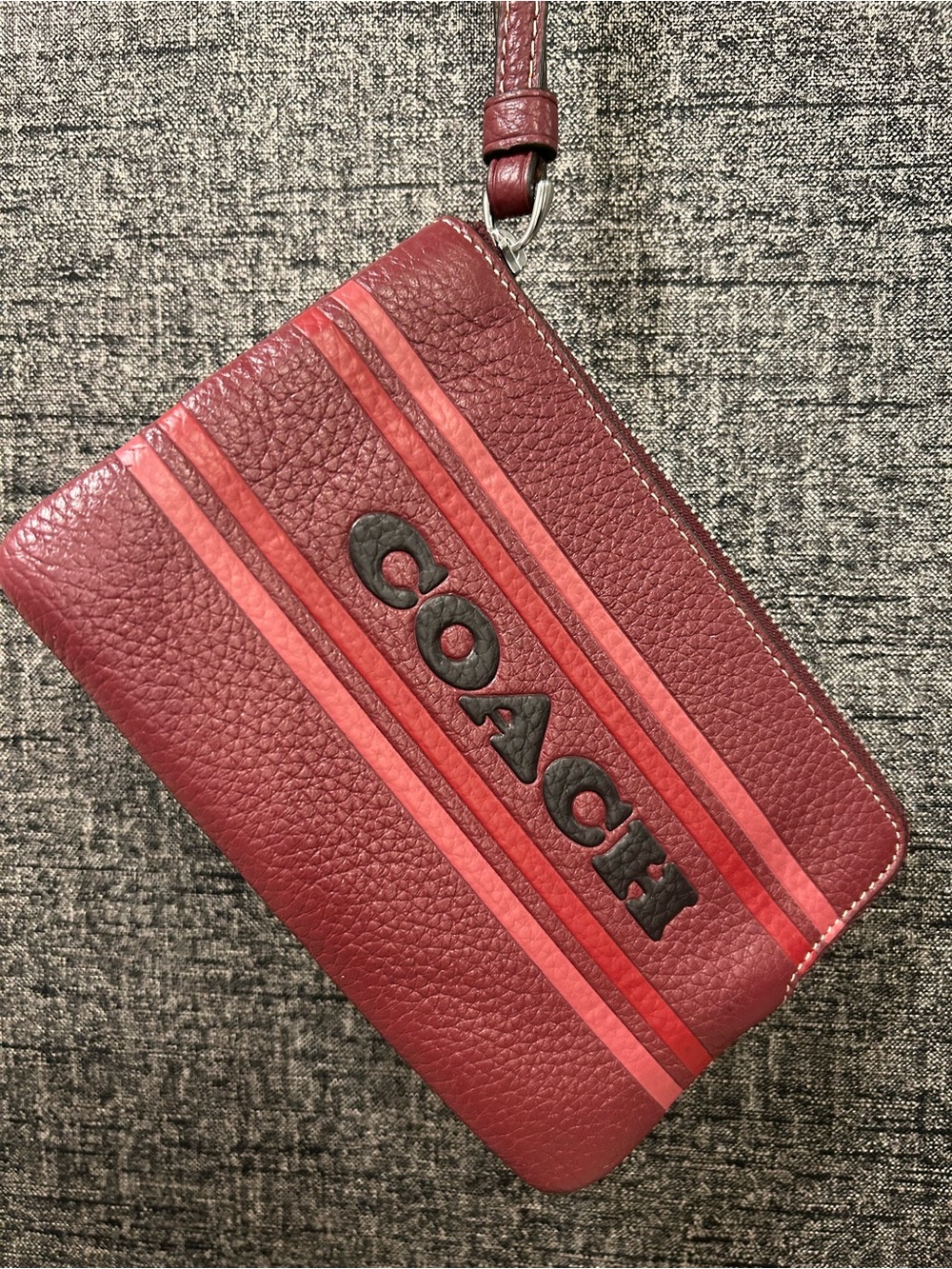 Coach Burgundy and Pink Striped Pebbled Leather Wristlet